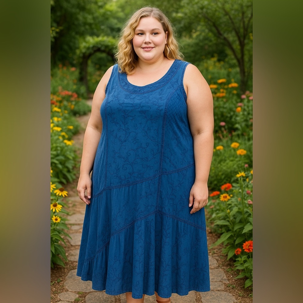 Catherines Asymmetrical Chambray Blue Embroidered Sleeveless Maxi Dress Size 2X